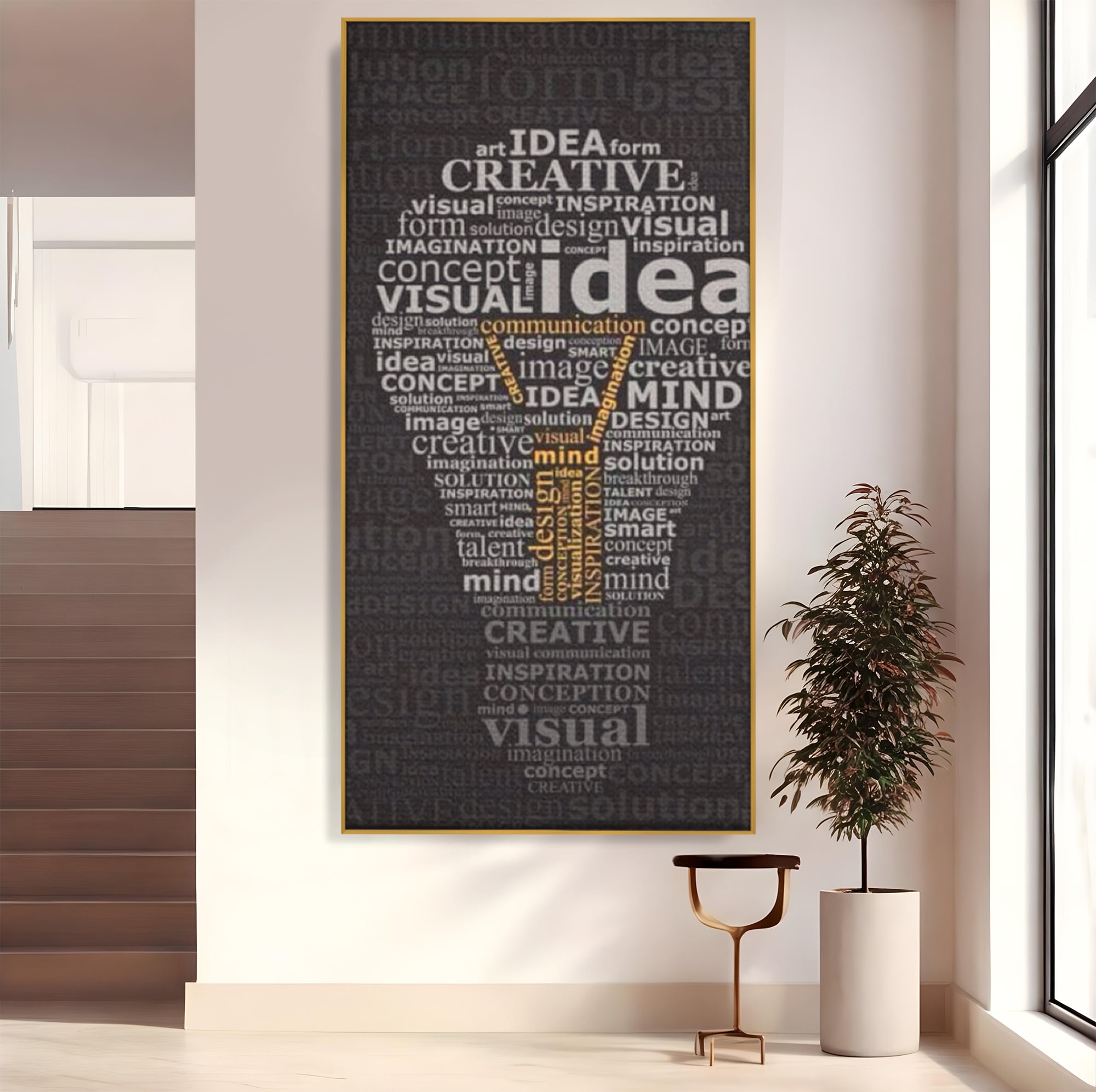 Tablou canvas cu tablou canvas cu silueta de bec formata din cuvinte, in rama de aluminiu auriu